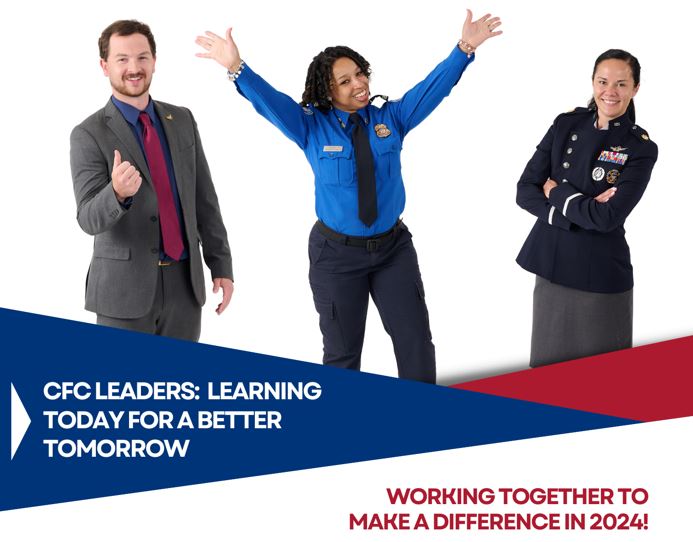 Three federal employees smiling above a blue banner with "CFC Leaders: learning today for a better tomorrow" and "working together to make a difference in 2024!"