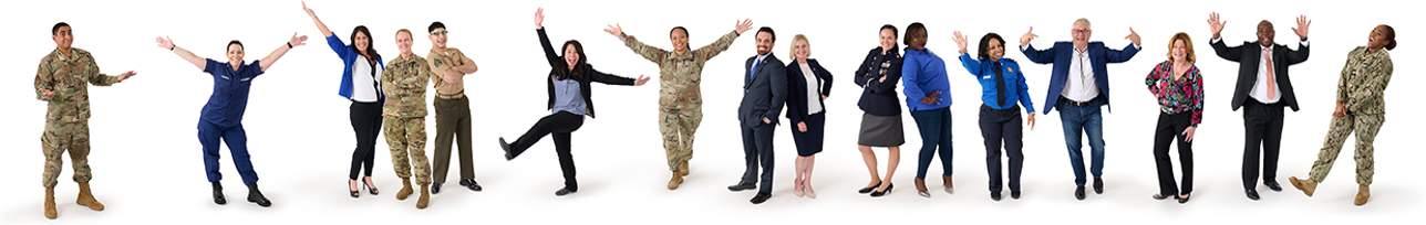 A line of different federal employees looking happy and some gesturing with their hands up
