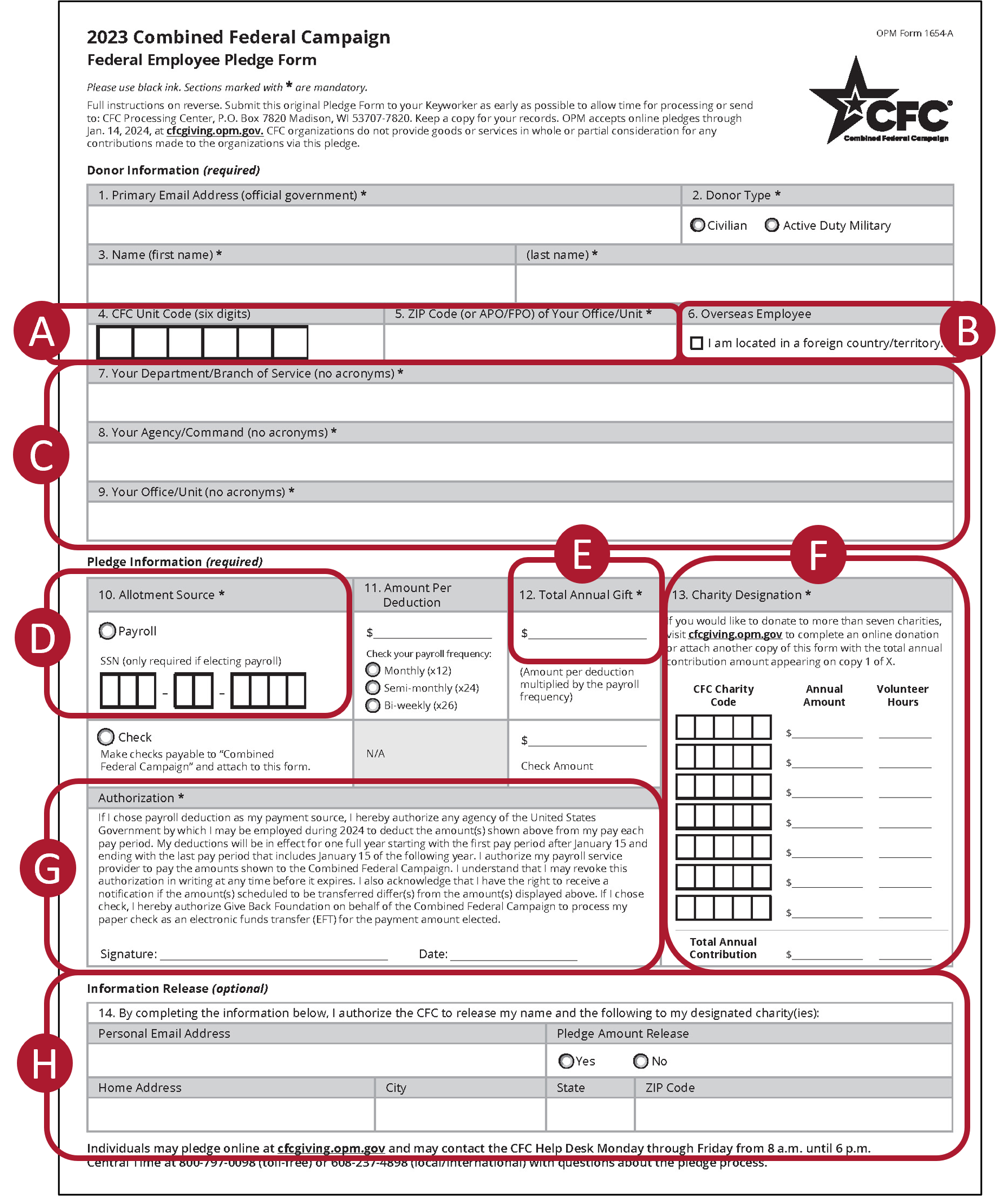 Image of the pledge form with each section marked A - H