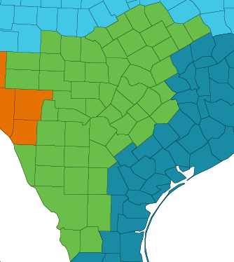 Map of the South Central TX borders