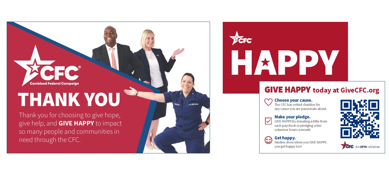 Image of the Thank You Card and front and back of the HAPPY business card