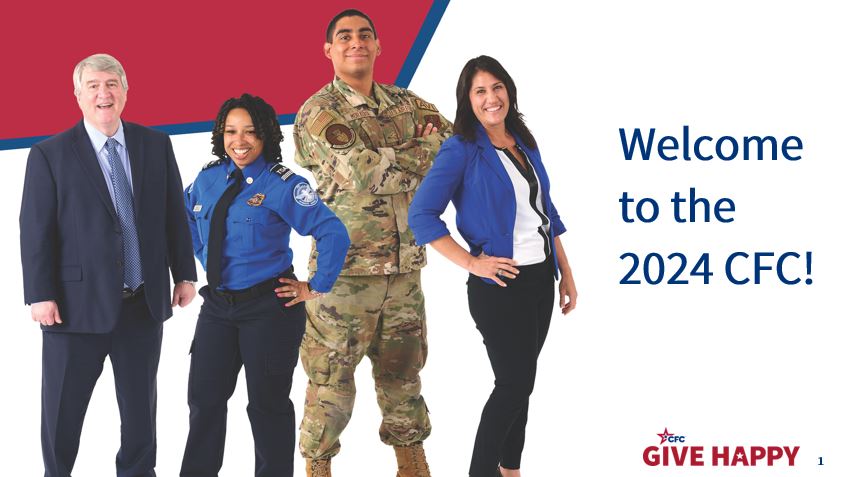 Four federal employees stand smiling with text "Welcome to the 2024 CFC"