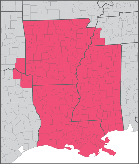 Map of the Mississippi Delta/Gulf Coastal Plains CFC counties
