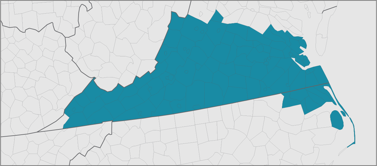 Map of the South Central Virginia & Albemarle Bay CFC counties