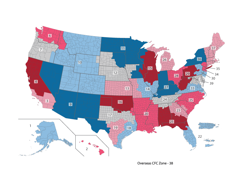 Color coded map of the US to show the CFC zones