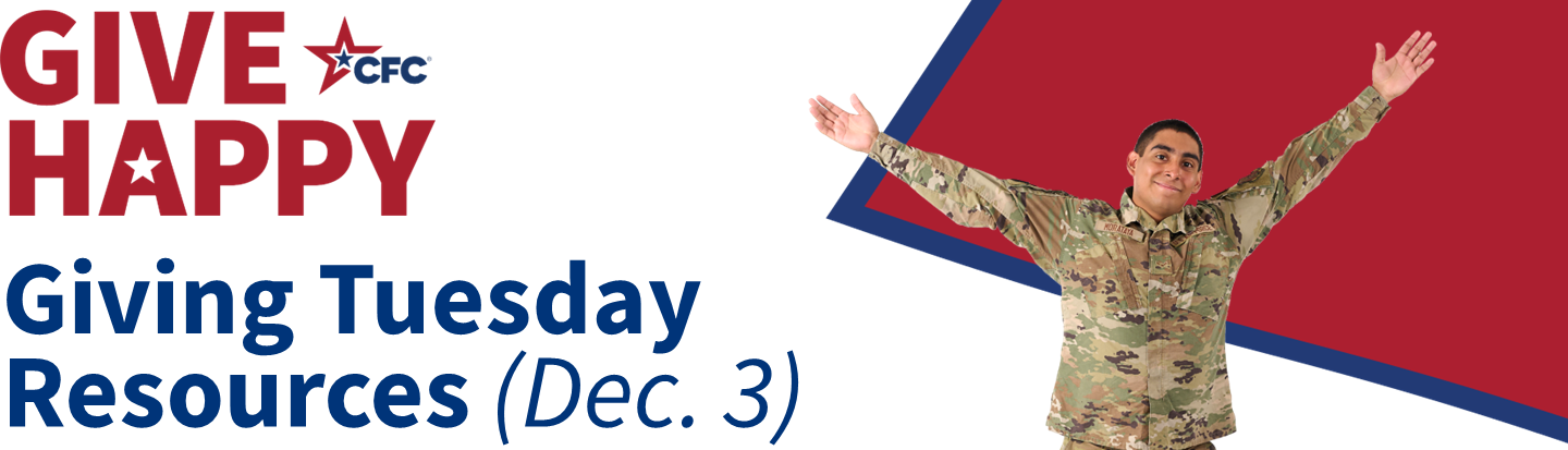Giving Tuesday banner with uniformed serviceman holding out hands