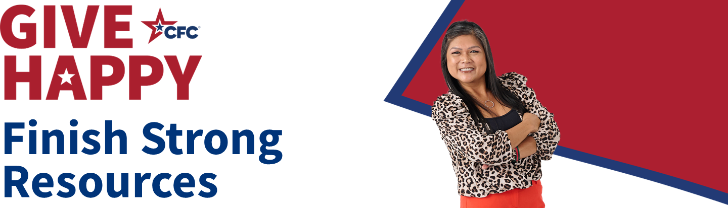 Finish strong banner with woman standing with arms crossed and smiling 