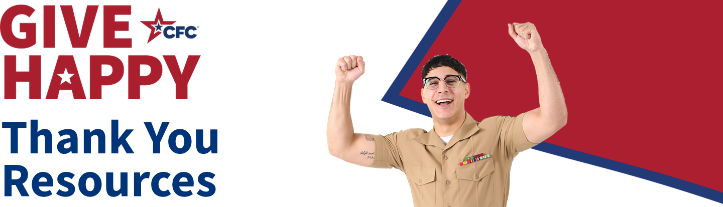 Thank you banner with uniformed man holidng up arms 